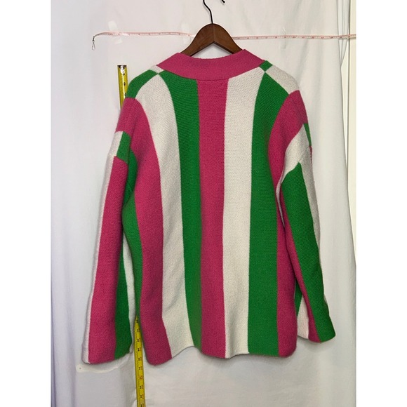 JASCLS Striped Pink Green White V Neck Button Front Cardigan Sweater Women's - Picture 3 of 3